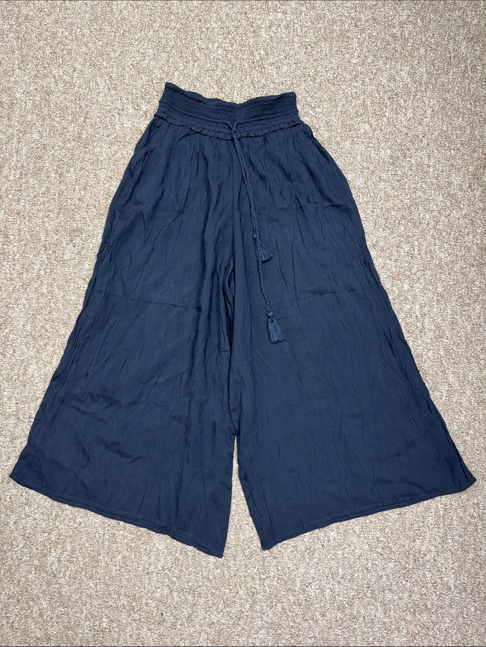 Wilfred Navy Wide-Leg Smocked Waist Crop with Tassel Tie